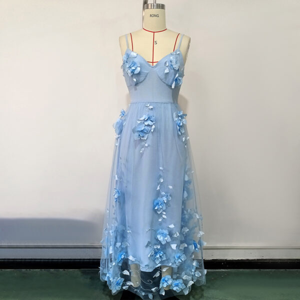 Light Blue Spaghetti - Strap 3D Floral Appliqué Tulle Maxi Dress - 图片 4