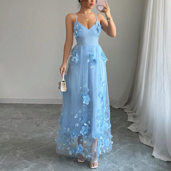 Light Blue Spaghetti - Strap 3D Floral Appliqué Tulle Maxi Dress