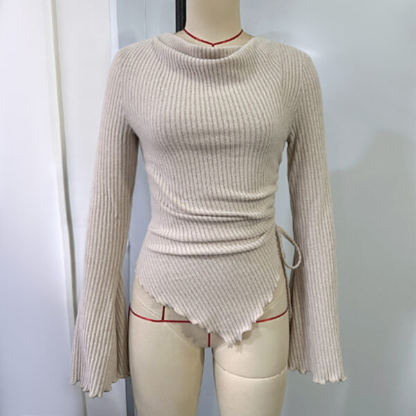 Black High - Neck Flared - Sleeve Drawstring Irregular Knitted Top - 图片 3