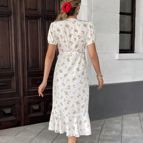 White Floral Deep V - Neck Puff - Sleeve Cross - Tie Dress - 图片 3