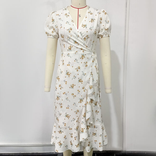 White Floral Deep V - Neck Puff - Sleeve Cross - Tie Dress - 图片 4