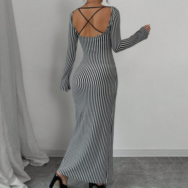 Black - and - White Striped Off - Shoulder Long - Sleeved Slim - Fitting Maxi Dress - 图片 2