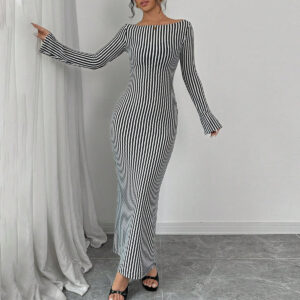 Black - and - White Striped Off - Shoulder Long - Sleeved Slim - Fitting Maxi Dress