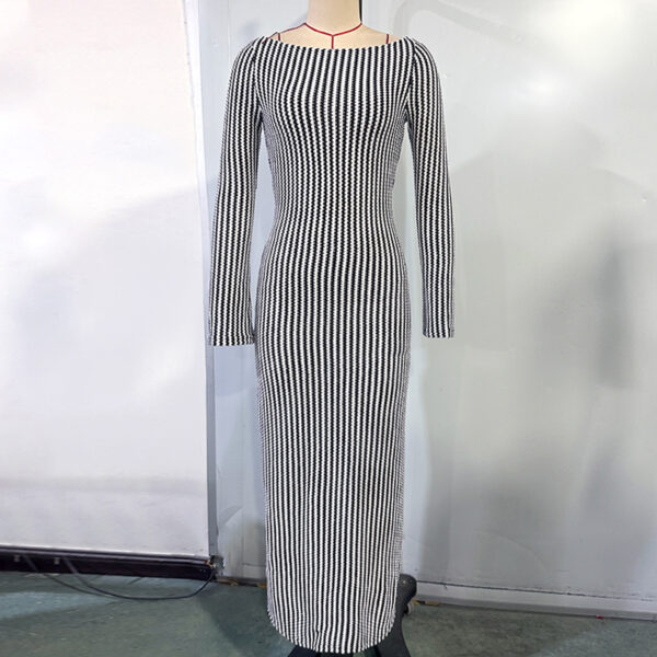 Black - and - White Striped Off - Shoulder Long - Sleeved Slim - Fitting Maxi Dress - 图片 4