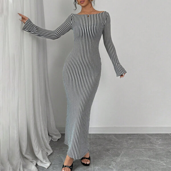 Black - and - White Striped Off - Shoulder Long - Sleeved Slim - Fitting Maxi Dress